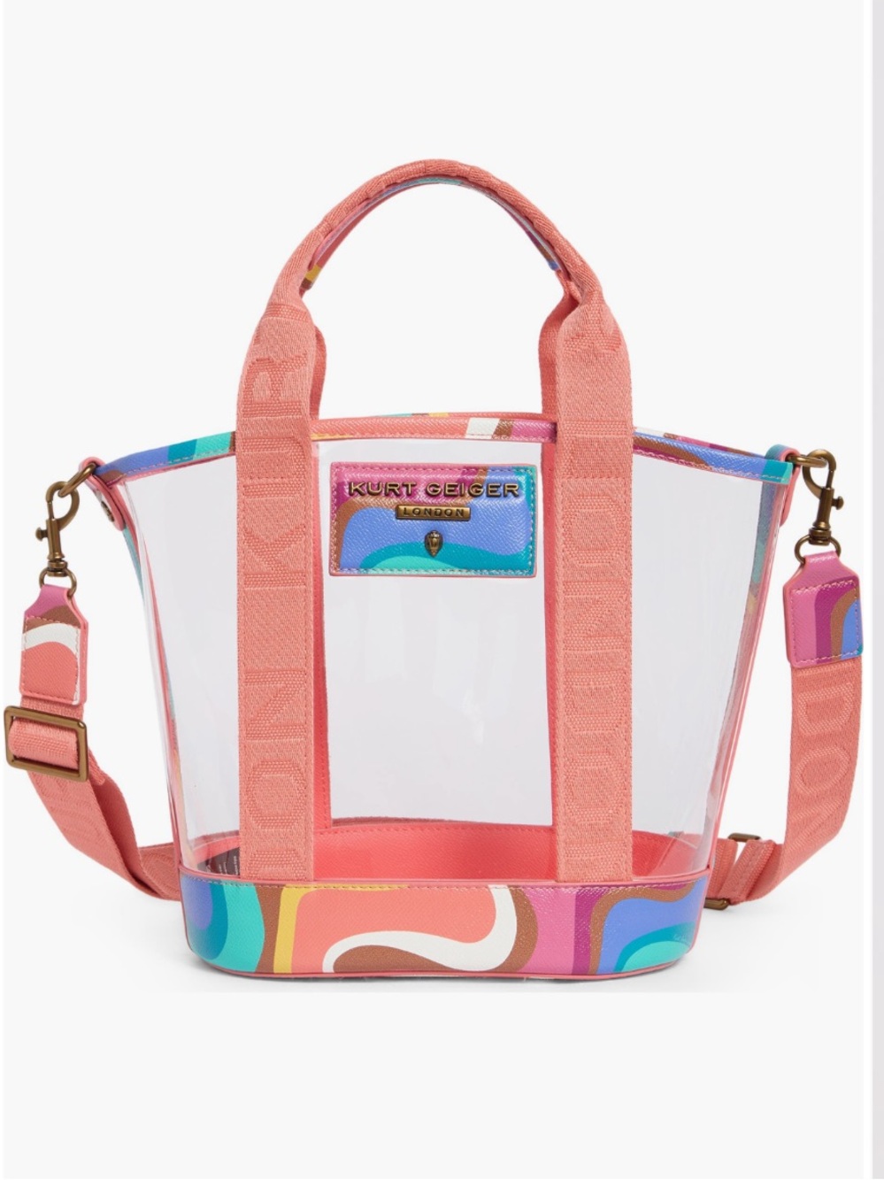 Kurt Geiger Pink Clear Tote with Multicolor Swirl Base- Coral